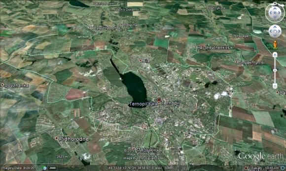 Satellite imagery of Ternopil from Google Earth. The dark blue area is the lake